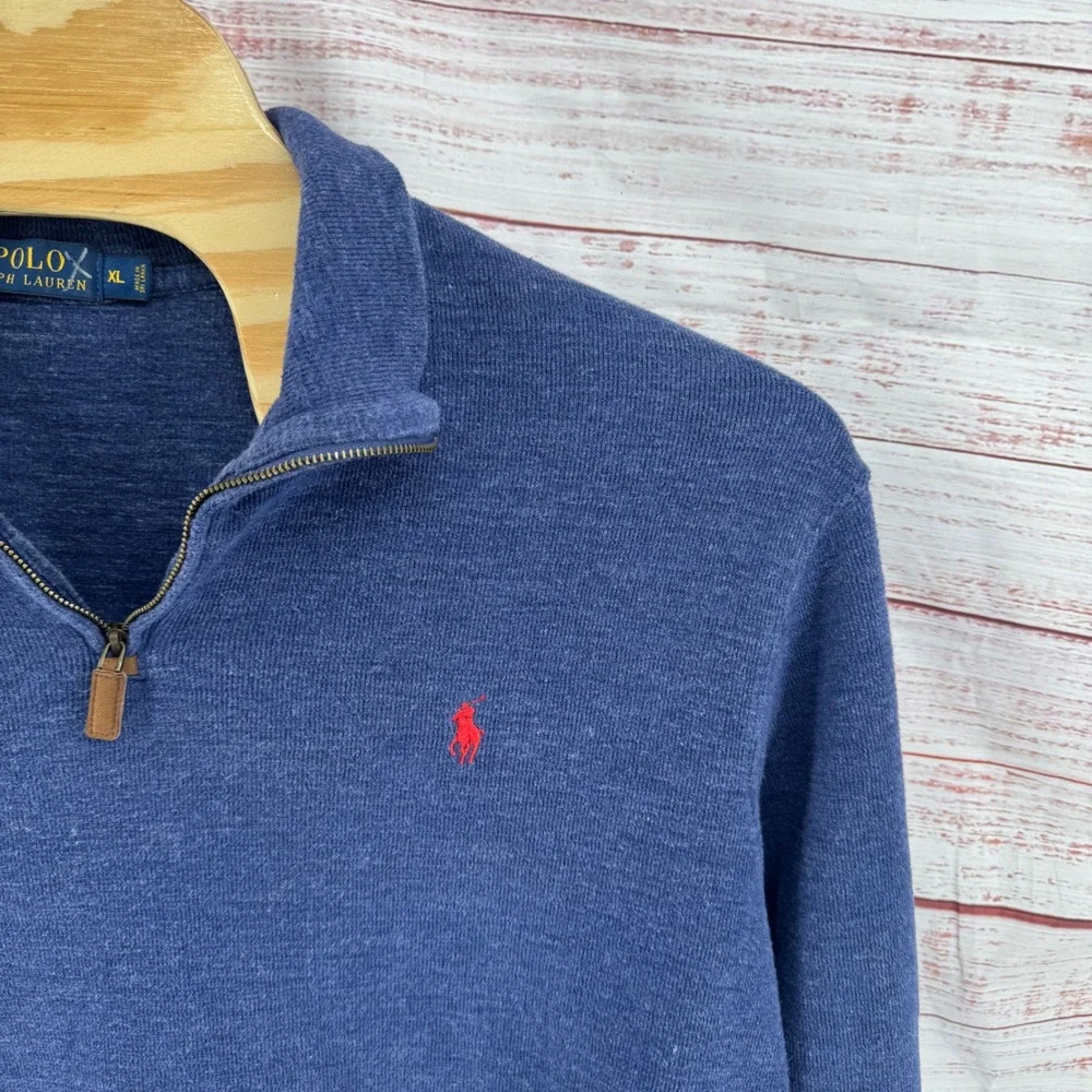 Polo Ralph Lauren Sweater Mens XL 1/4 Zip Pullover Heather Blue Cotton Preppy